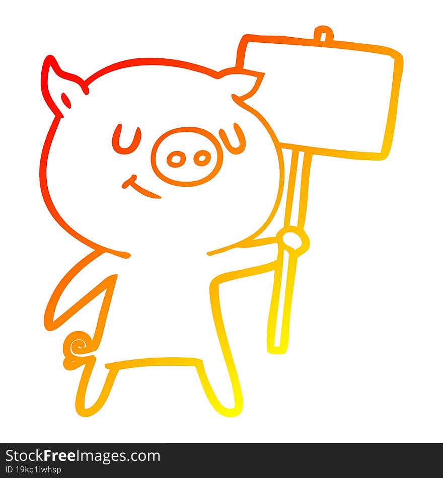 warm gradient line drawing happy cartoon pig with placard