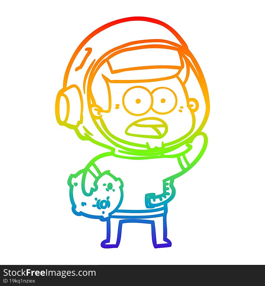 Rainbow Gradient Line Drawing Cartoon Surprised Astronaut Holding Moon Rock