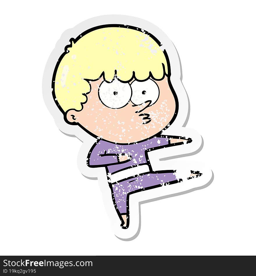 distressed sticker of a cartoon curious boy dancing