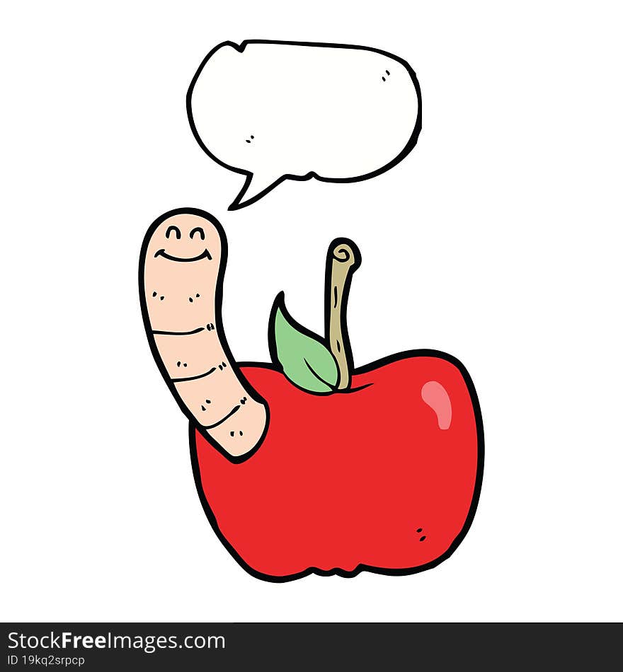 cartoon apple with worm with speech bubble