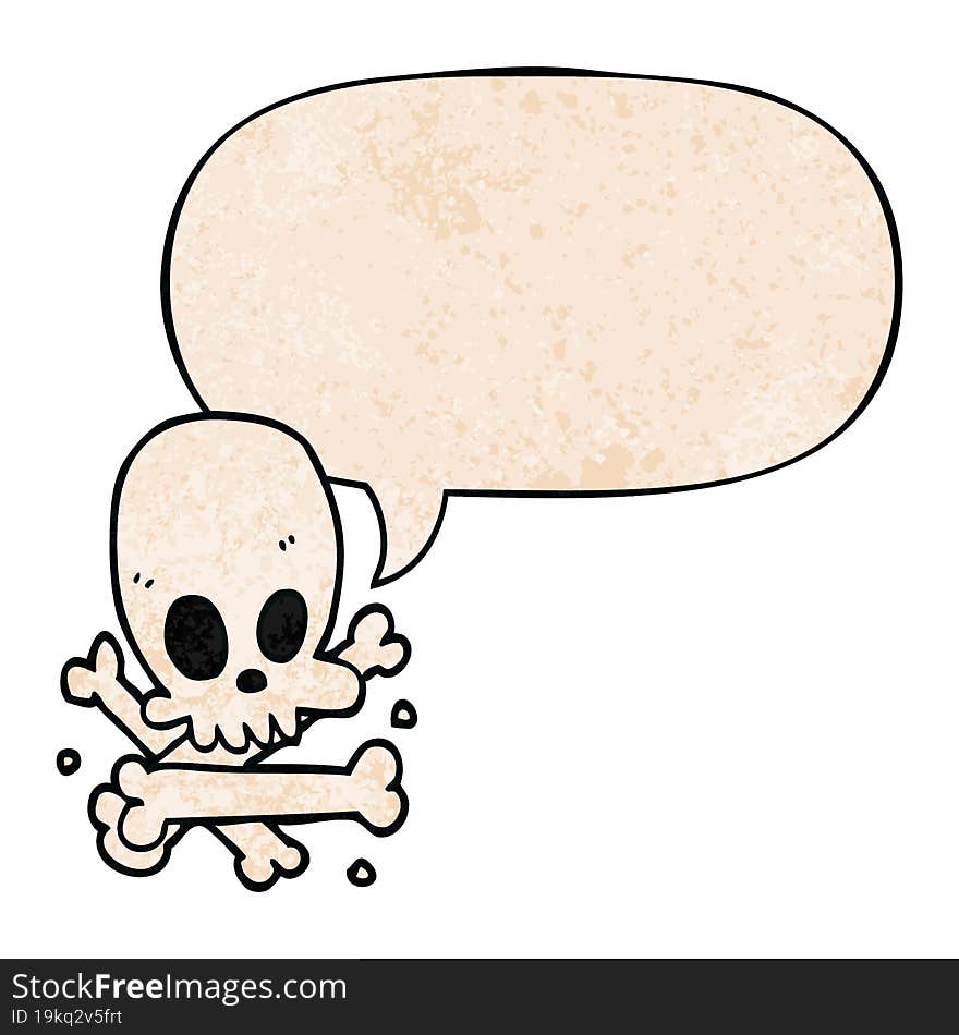 cartoon skull and bones and speech bubble in retro texture style