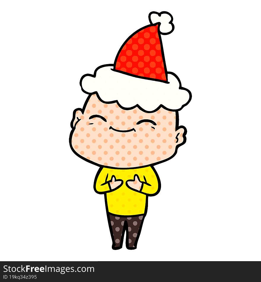 happy comic book style illustration of a bald man wearing santa hat