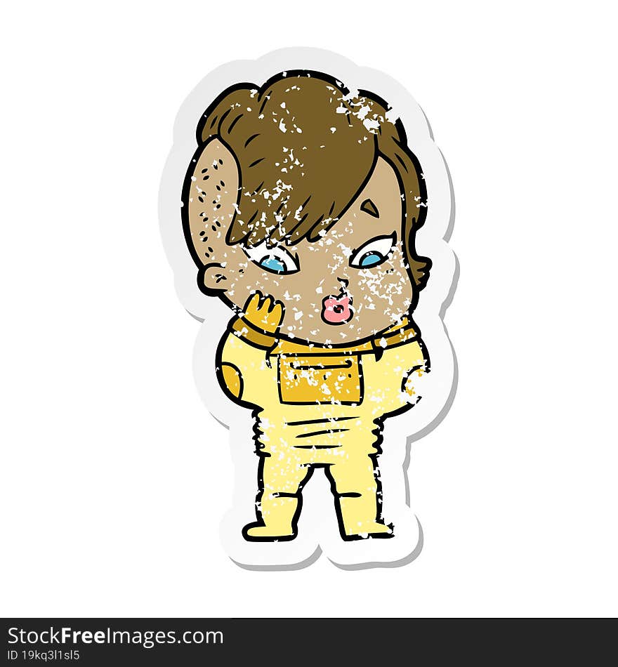 Distressed Sticker Of A Cartoon Surprised Girl In Science Fiction Clothes