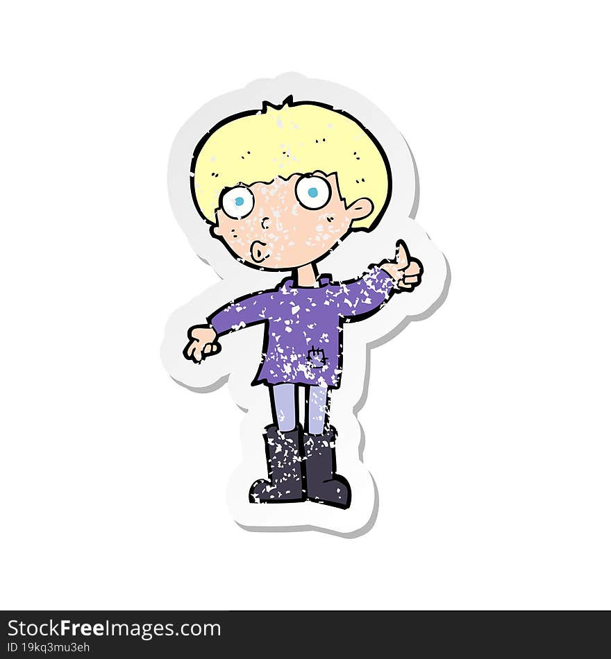 retro distressed sticker of a cartoon boy asking question