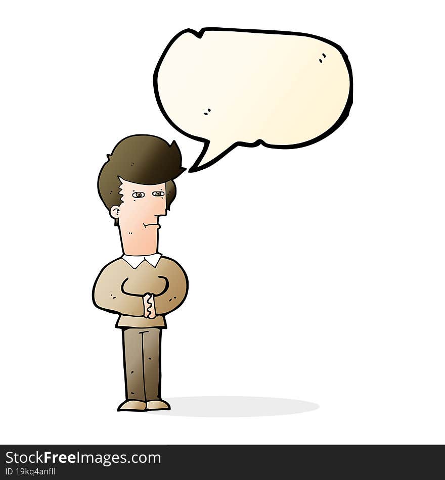 cartoon man narrowing his eyes with speech bubble