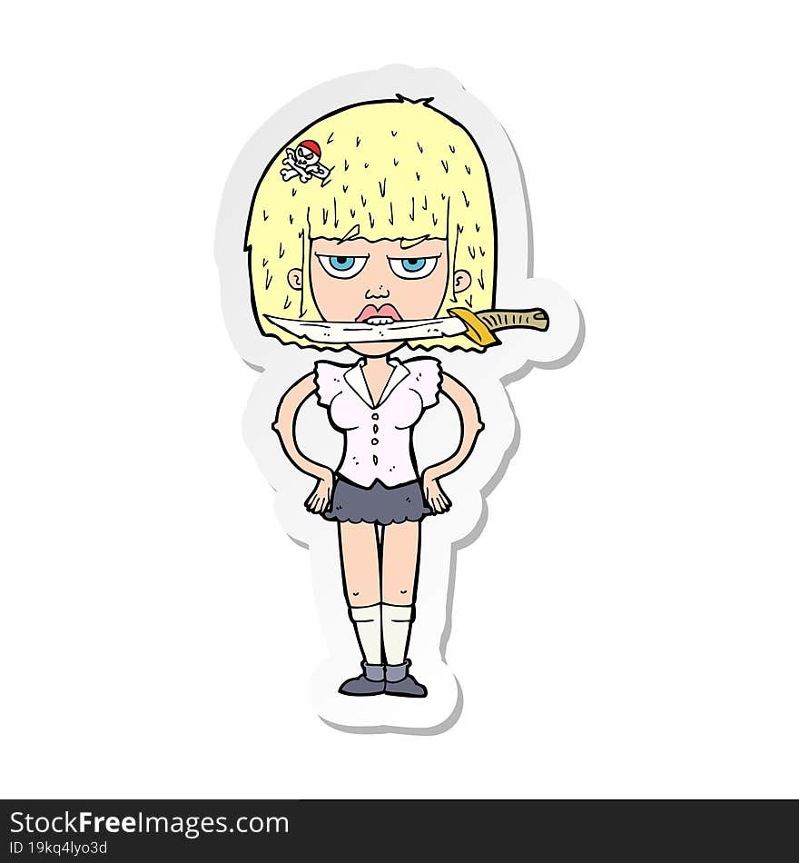 Sticker Of A Cartoon Woman With Knife Between Teeth