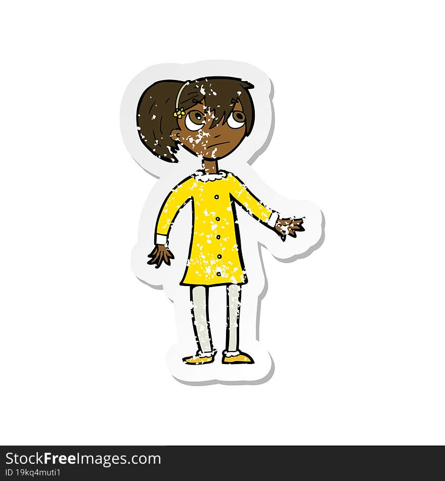 retro distressed sticker of a cartoon worried girl