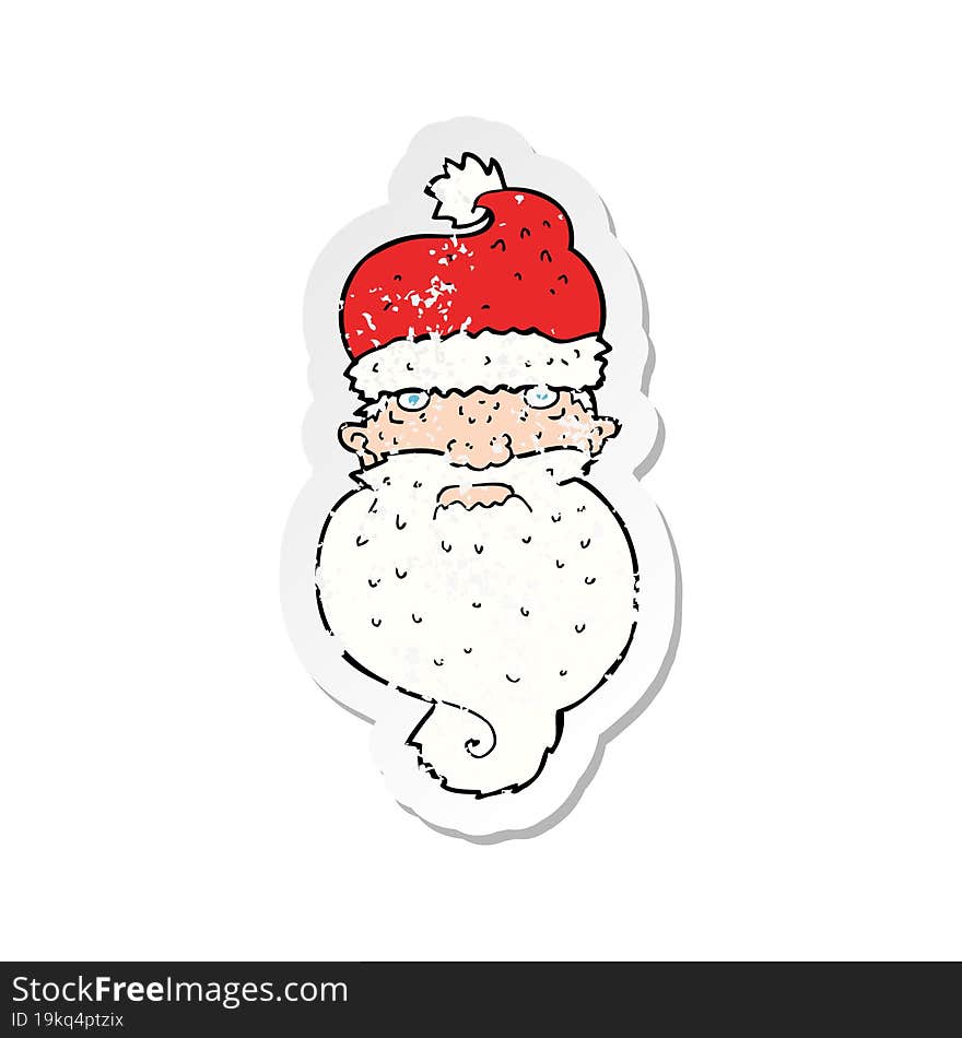 retro distressed sticker of a cartoon grim santa face