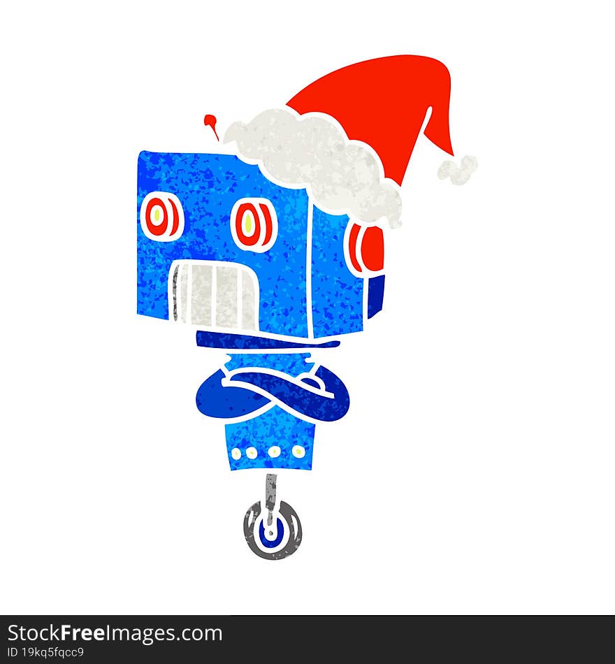 hand drawn retro cartoon of a robot wearing santa hat