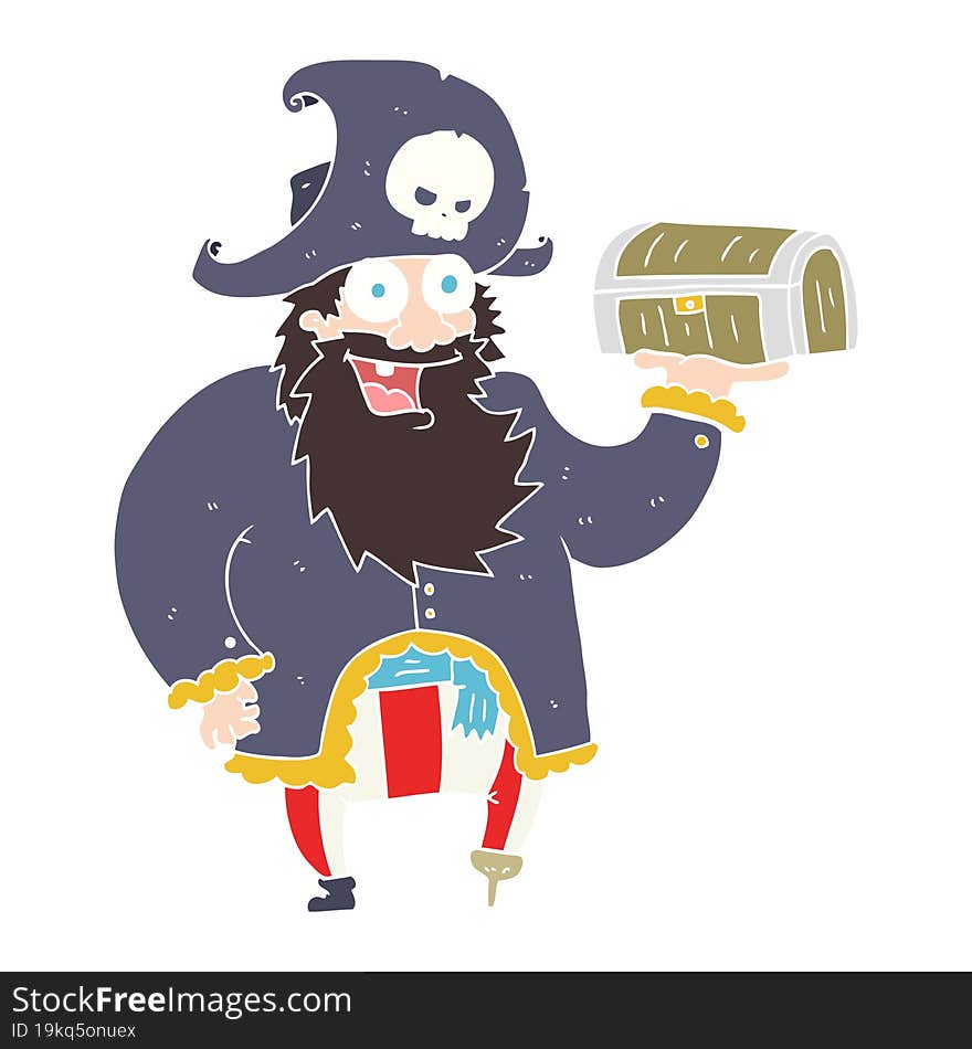 flat color illustration of a cartoon pirate captain with treasure chest