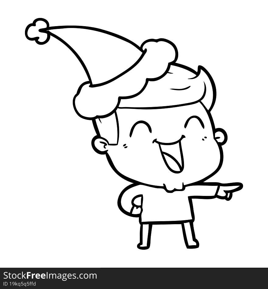 hand drawn line drawing of a man laughing wearing santa hat