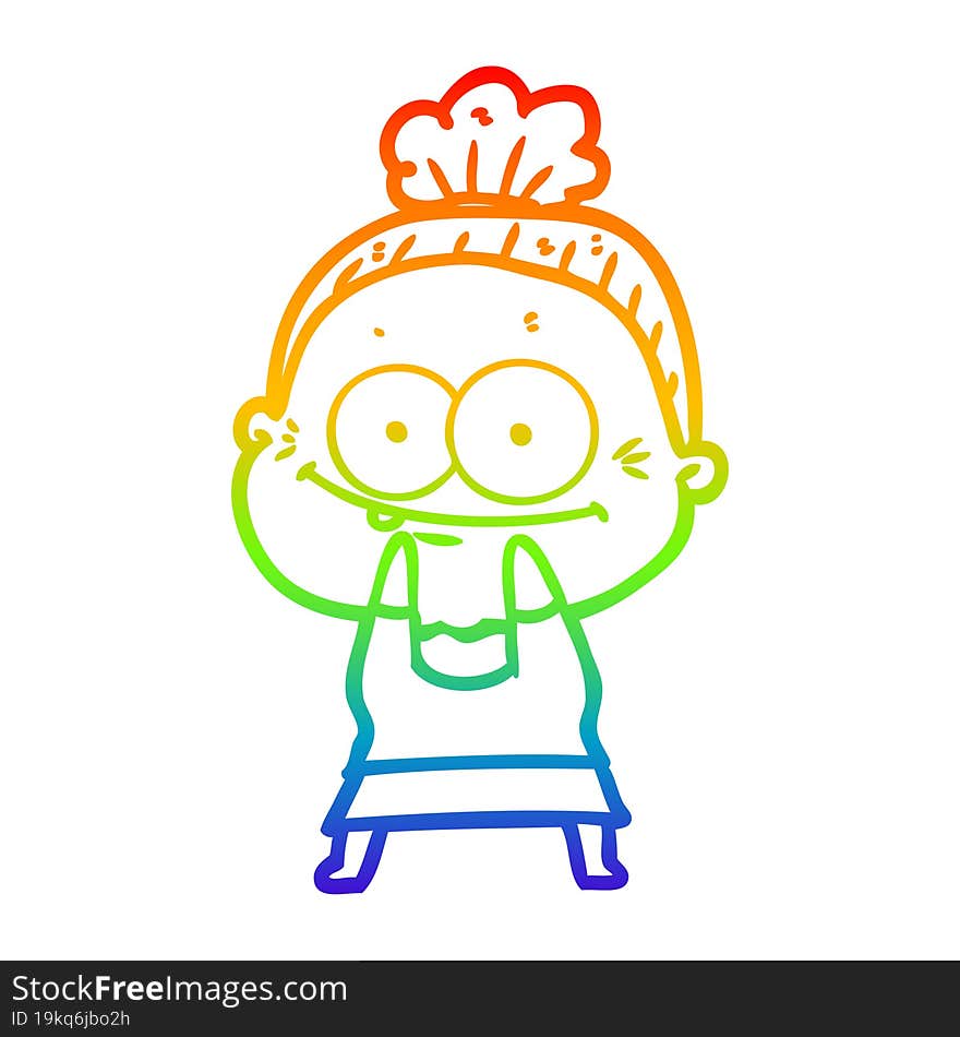 rainbow gradient line drawing of a cartoon happy old woman