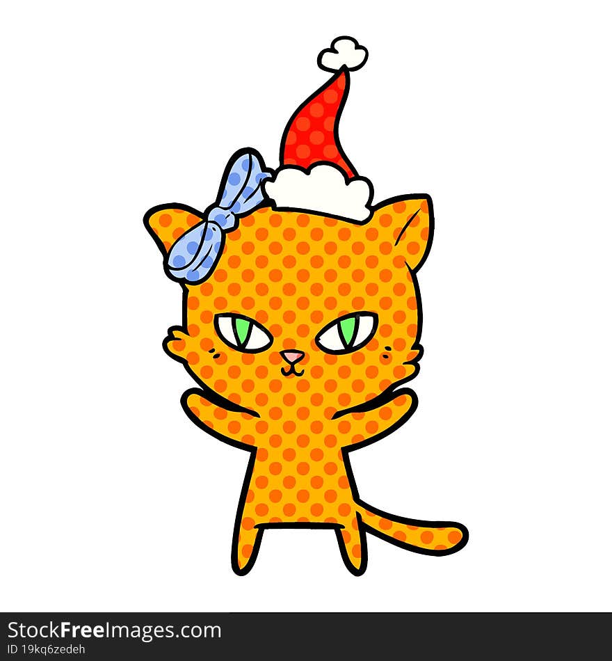 cute comic book style illustration of a cat wearing santa hat