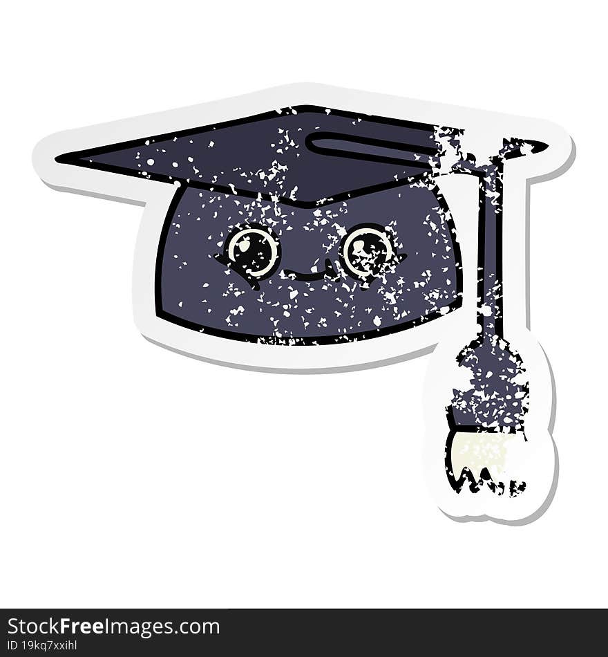 Distressed Sticker Of A Cute Cartoon Graduation Hat