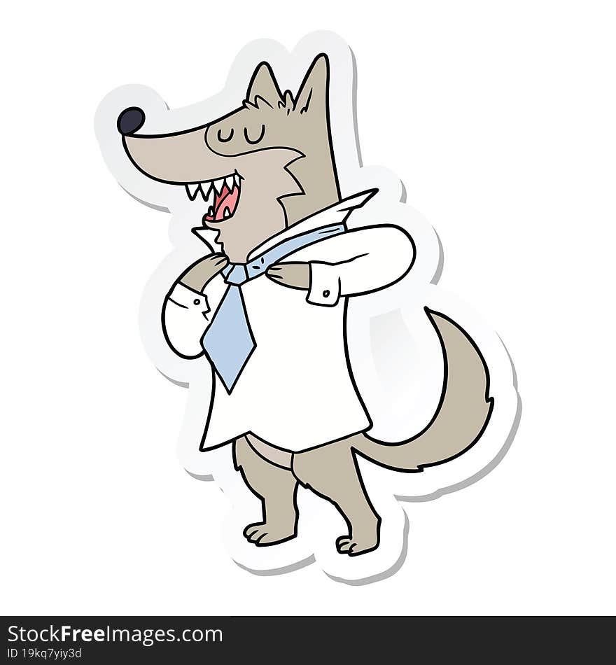 sticker of a cartoon office wolf getting dressed