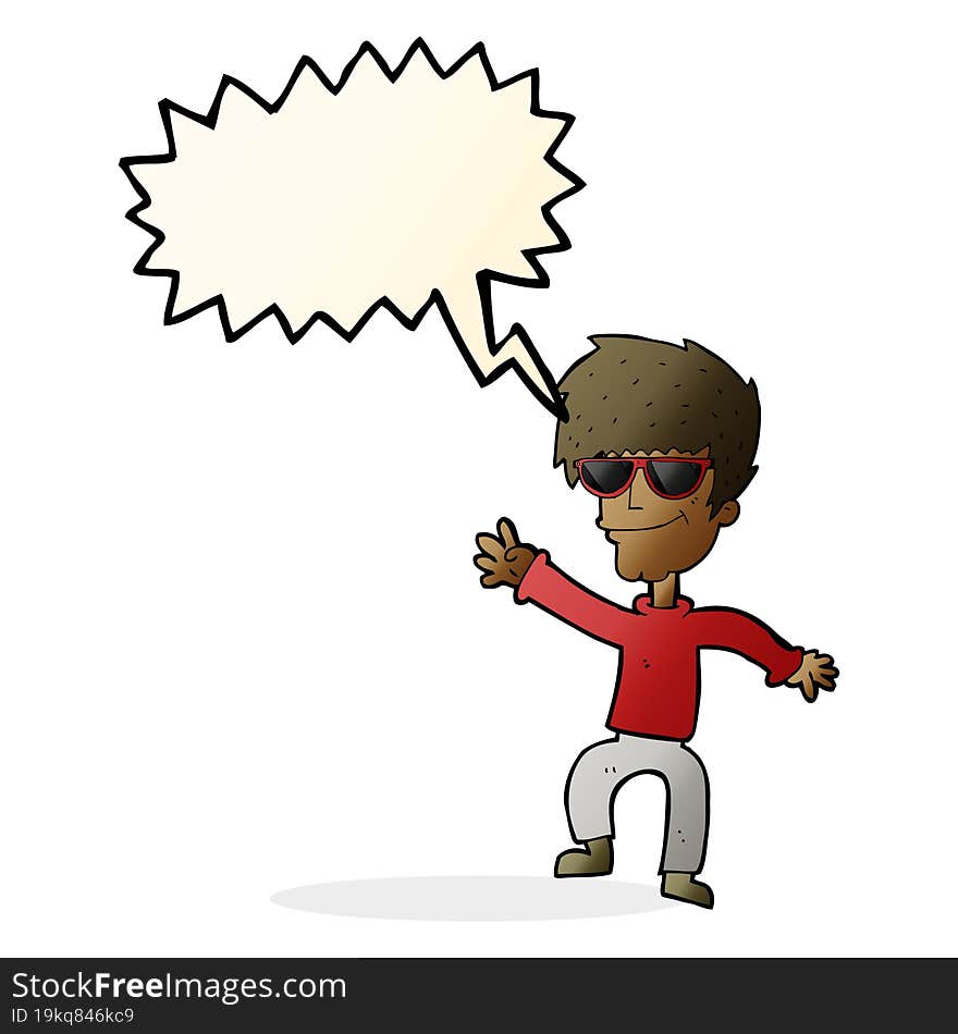 cartoon waving cool guy with speech bubble