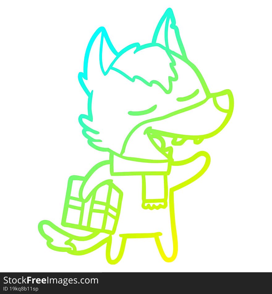 cold gradient line drawing of a cartoon wolf with christmas present laughing