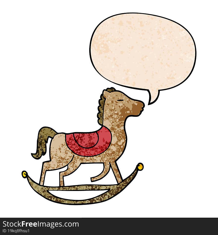 cartoon rocking horse and speech bubble in retro texture style