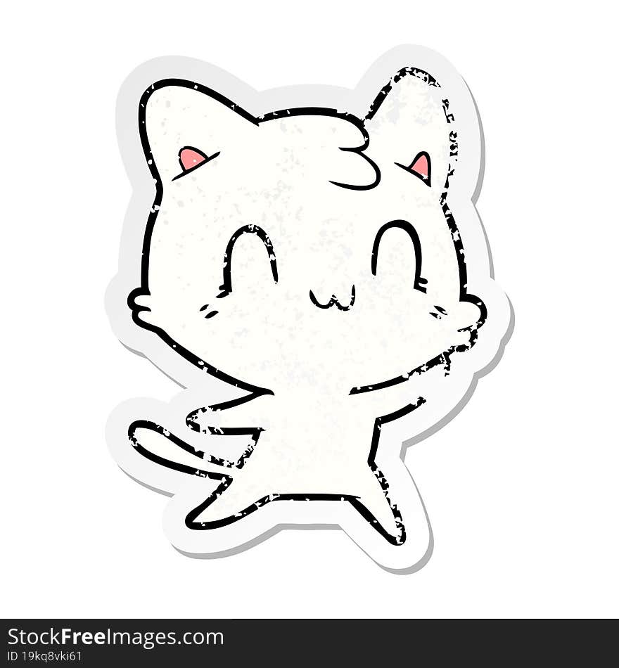 distressed sticker of a cartoon happy cat