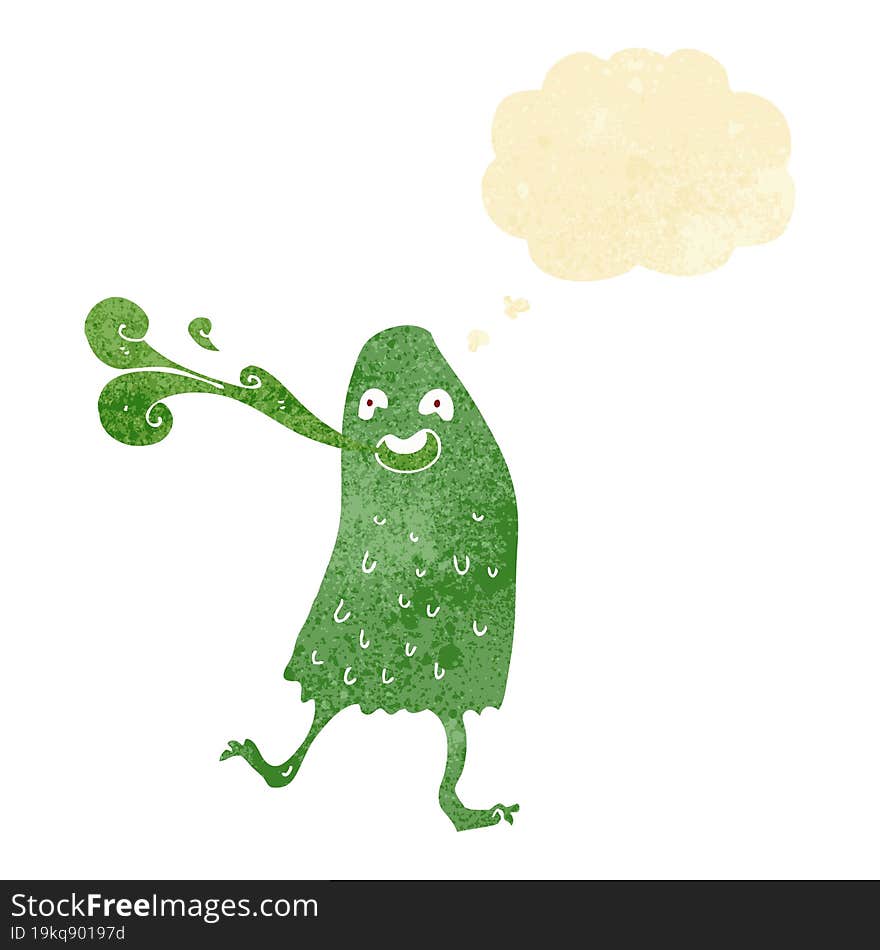 cartoon funny slime monster with thought bubble