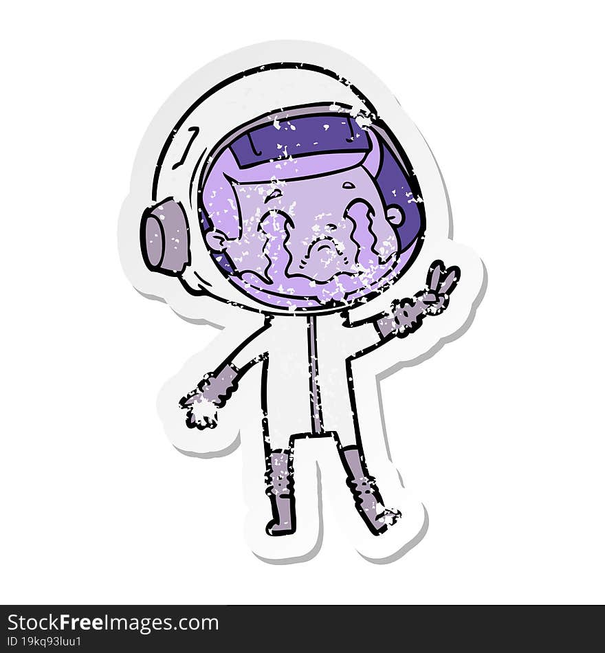 distressed sticker of a cartoon crying astronaut