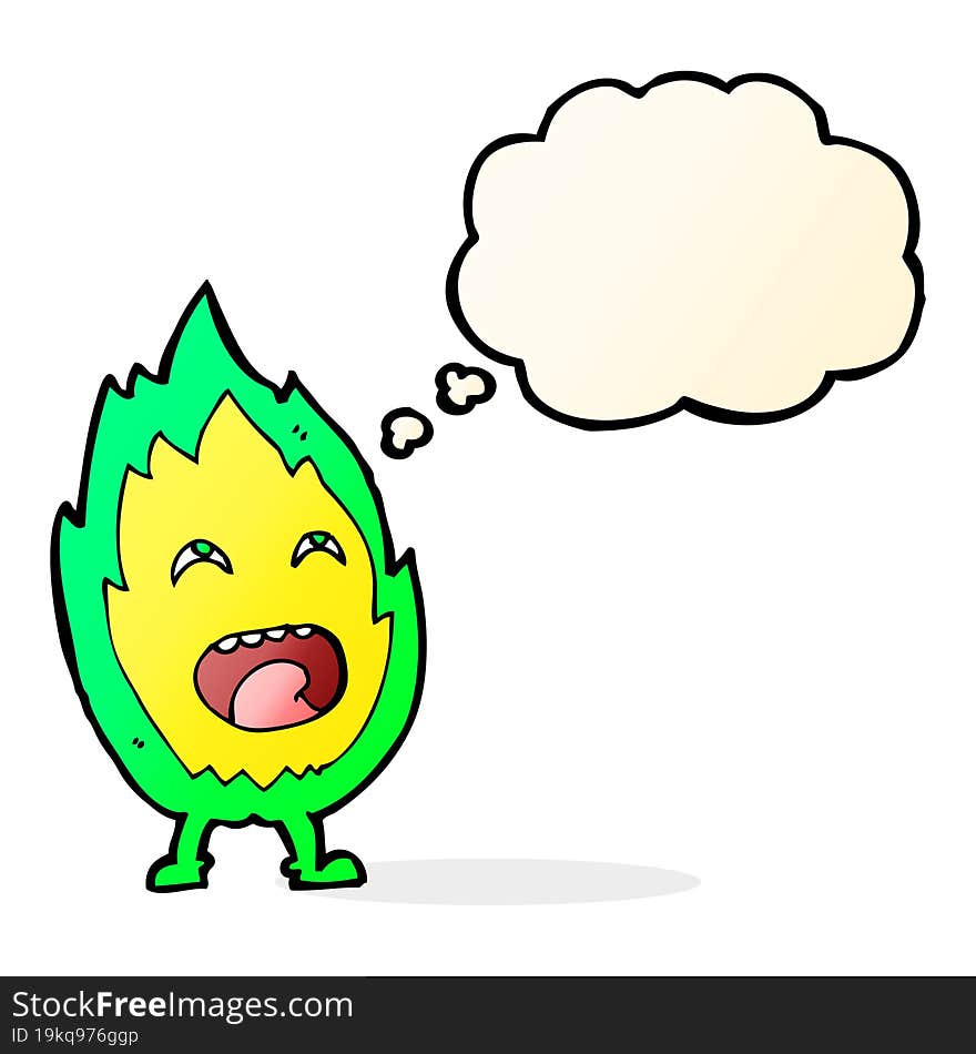 cartoon flame character with thought bubble