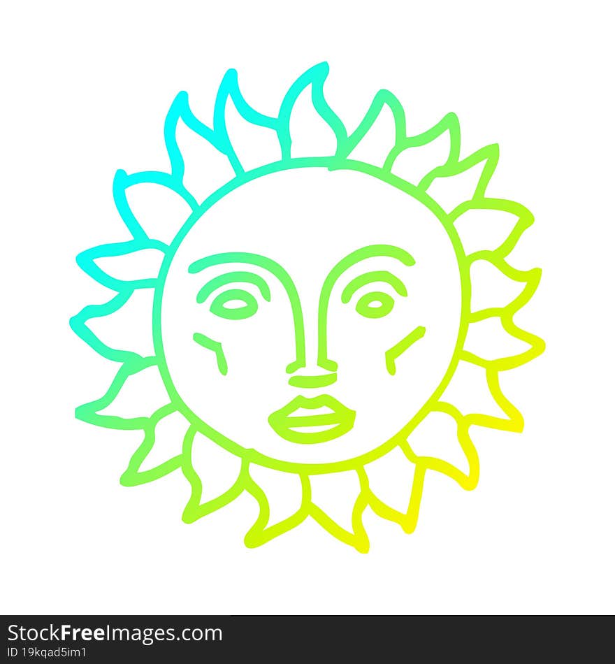 Cold Gradient Line Drawing Cartoon Traditional Sun Face