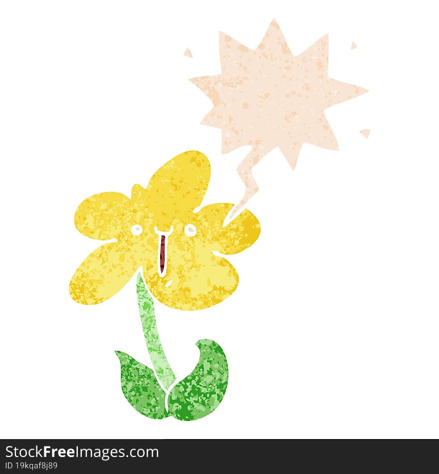 cartoon flower and speech bubble in retro textured style