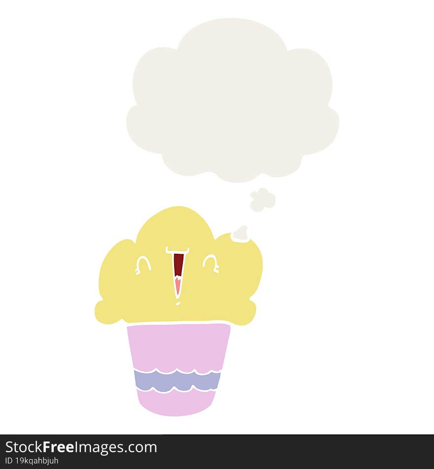 cartoon cupcake with face with thought bubble in retro style