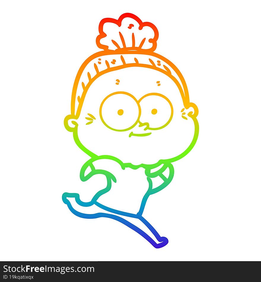 rainbow gradient line drawing of a cartoon happy old woman