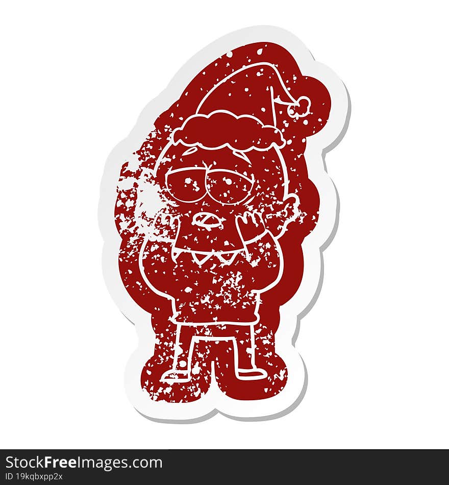 cartoon distressed sticker of a tired bald man wearing santa hat