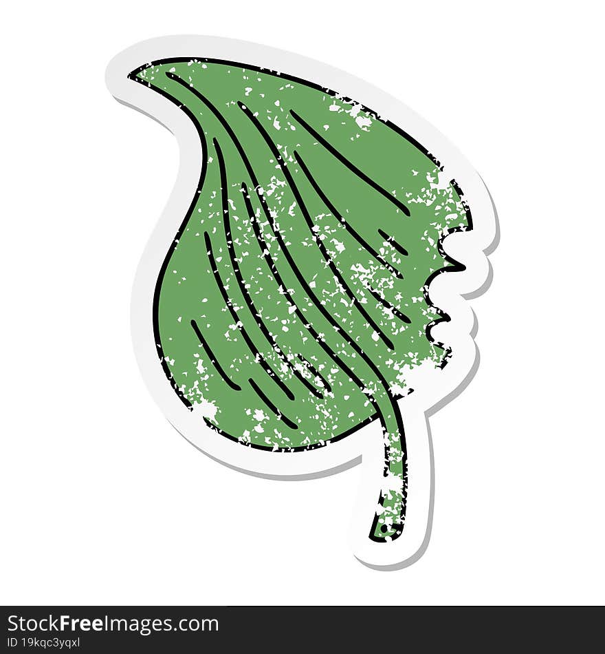 distressed sticker of a quirky hand drawn cartoon munched leaf