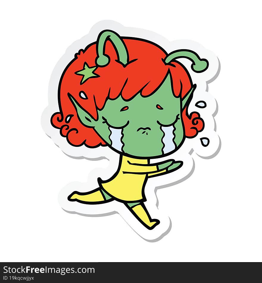 sticker of a cartoon crying alien girl