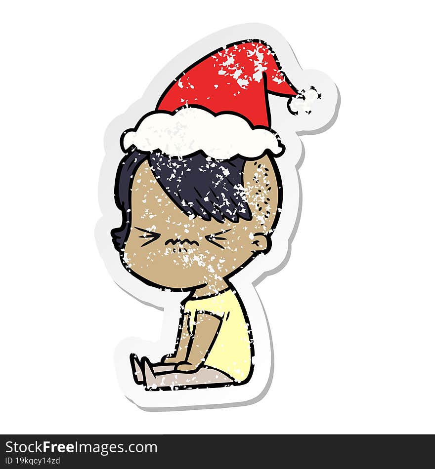 distressed sticker cartoon of a annoyed hipster girl wearing santa hat