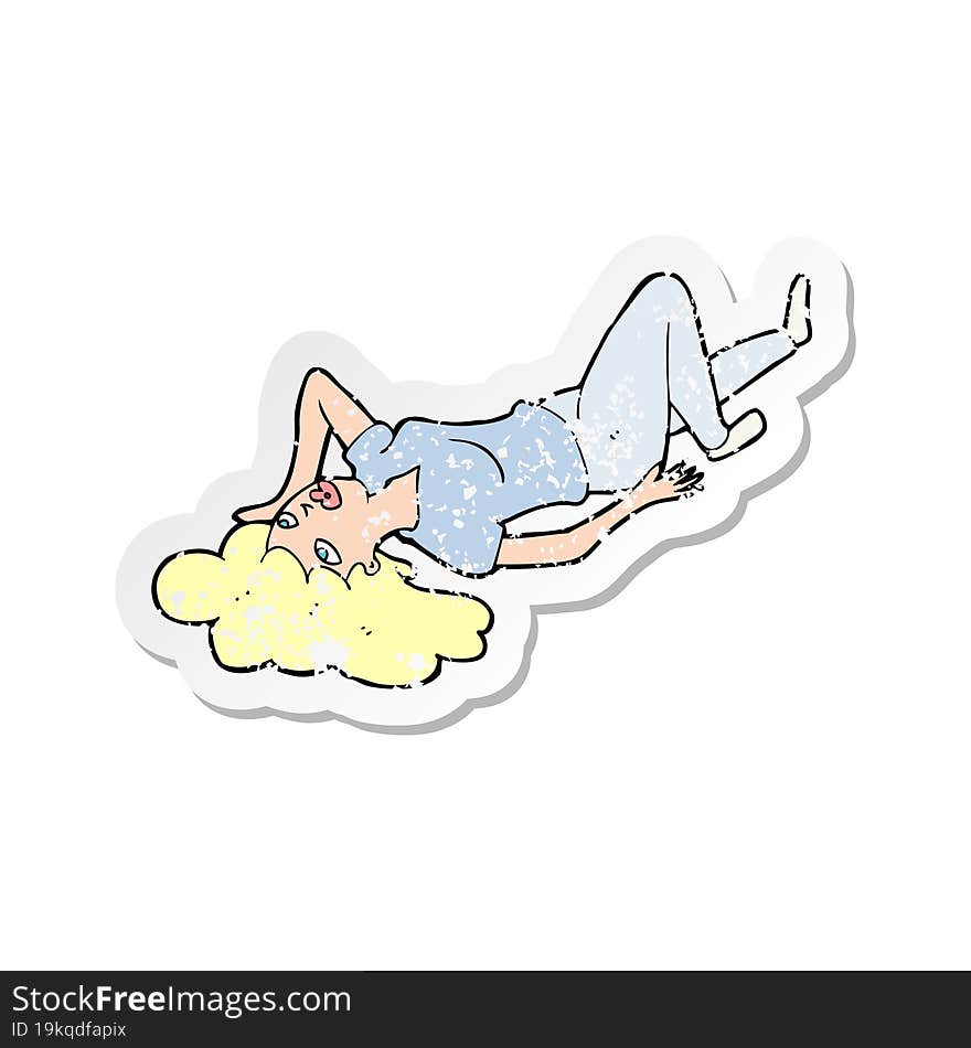 Retro Distressed Sticker Of A Cartoon Woman Lying On Floor