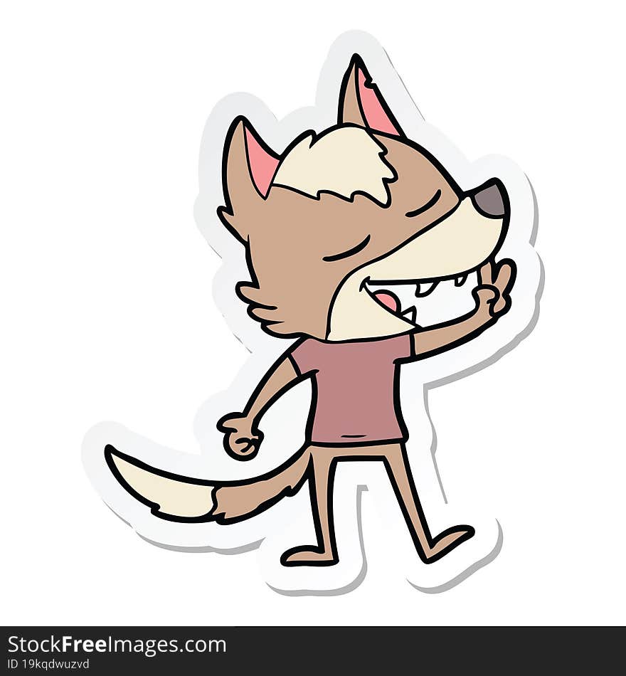 Sticker Of A Cartoon Wolf Giving Peace Sign