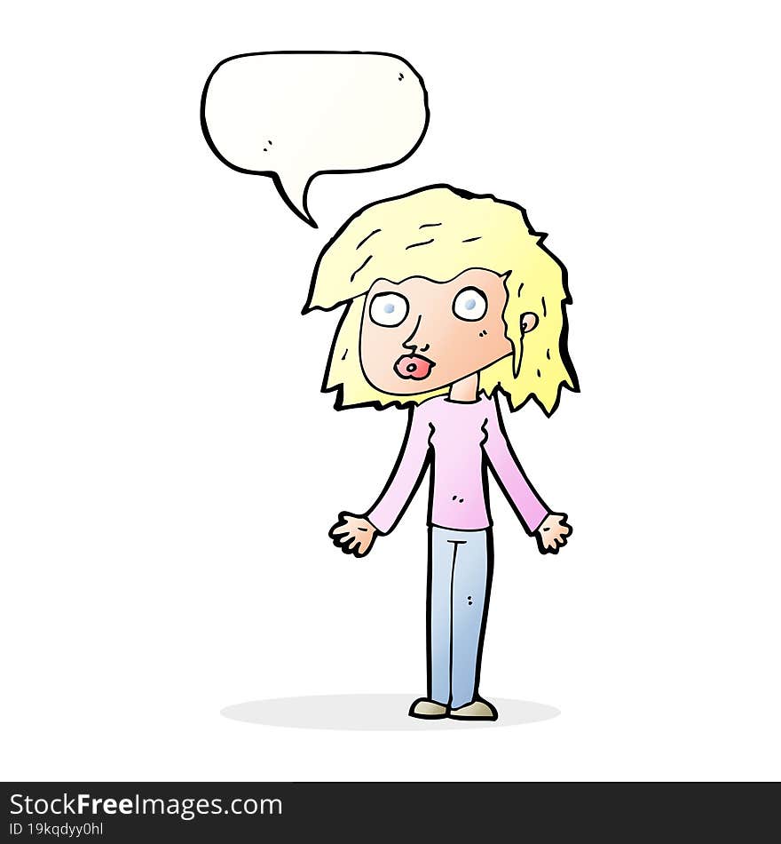 cartoon girl shrugging shoulders with speech bubble