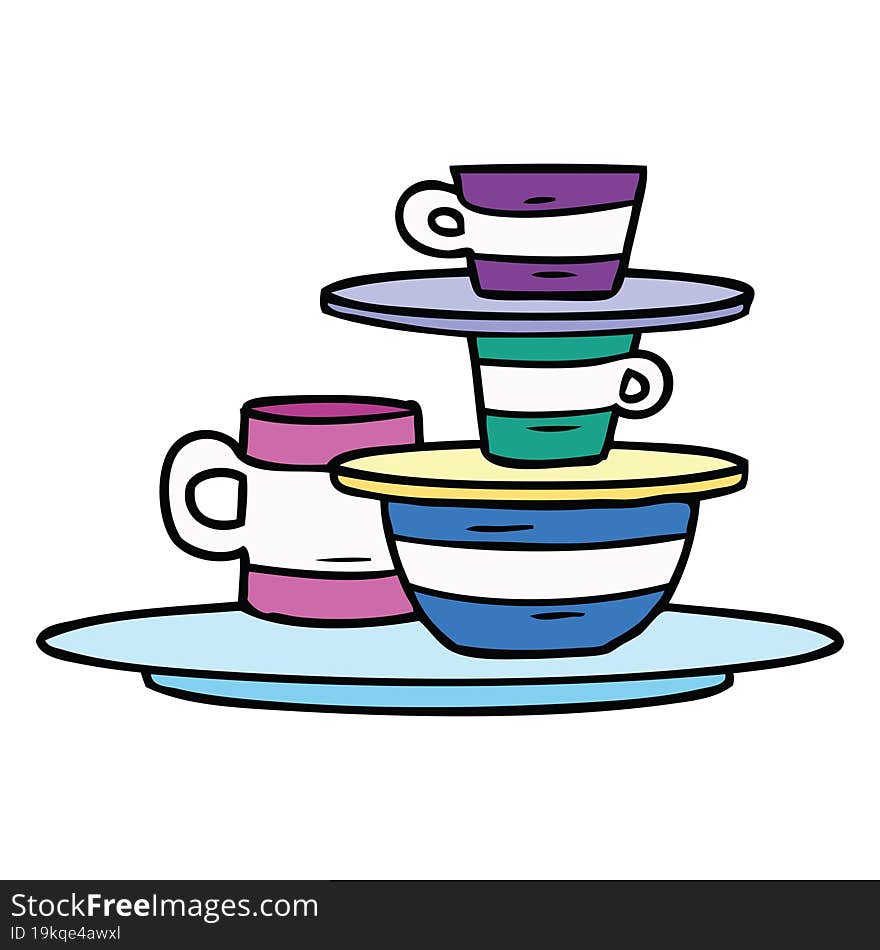 cartoon doodle of colourful bowls and plates