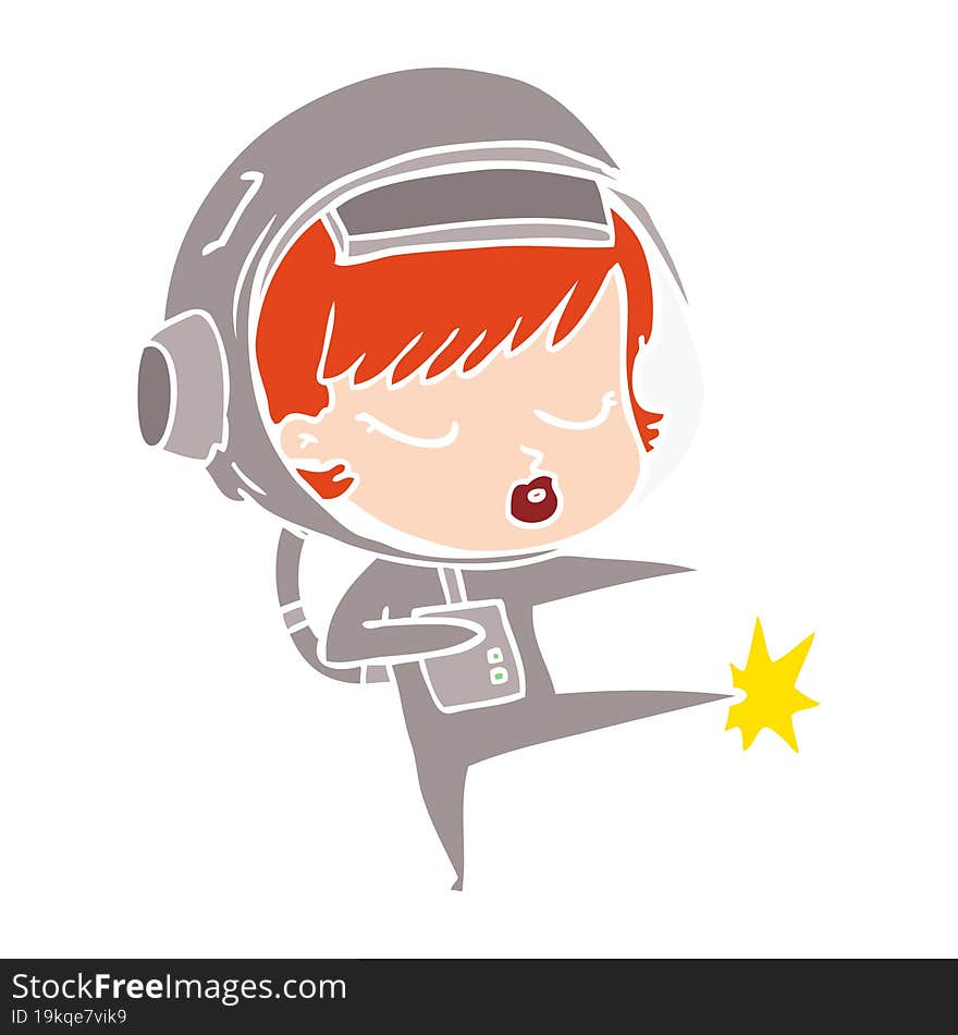 Flat Color Style Cartoon Pretty Astronaut Girl Karate Kicking