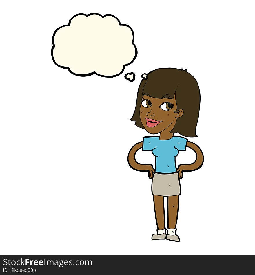 cartoon happy woman with hands on hips with thought bubble