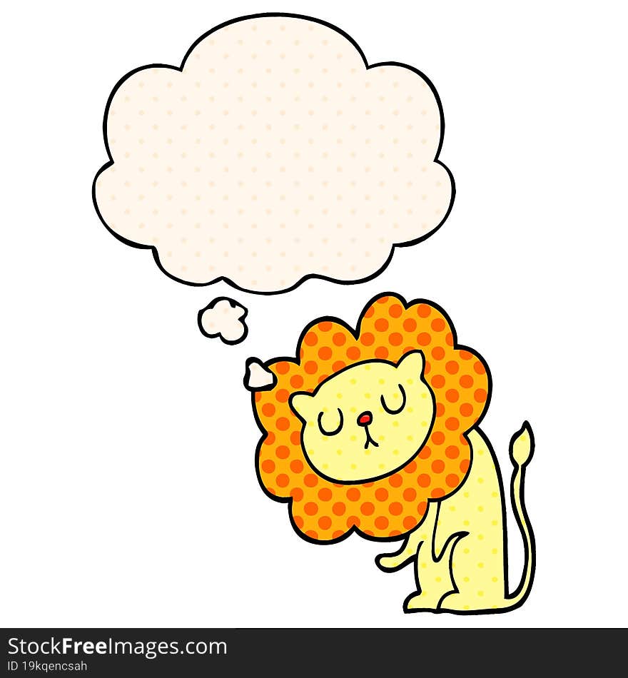 cute cartoon lion and thought bubble in comic book style