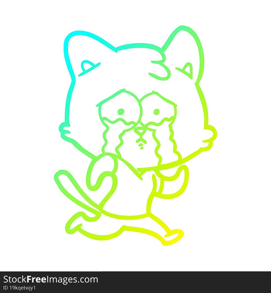 cold gradient line drawing of a crying cartoon cat