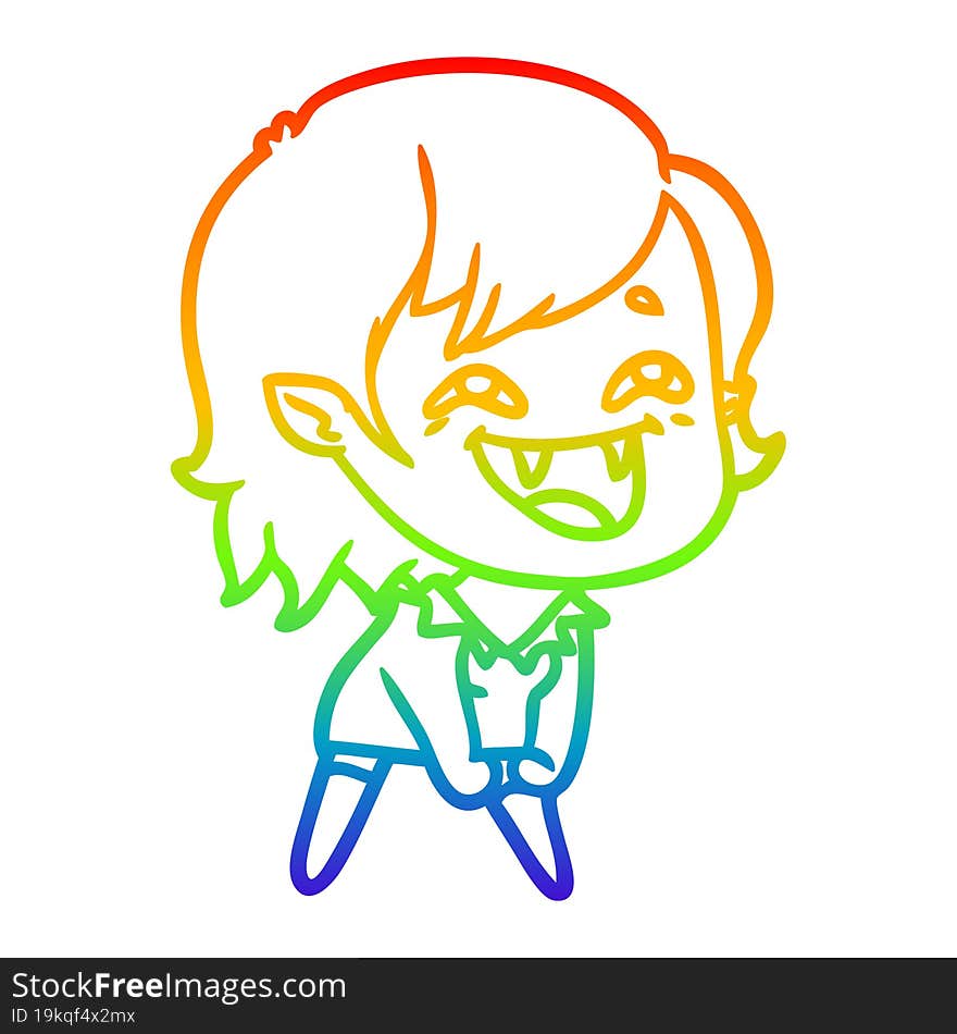 rainbow gradient line drawing of a cartoon laughing vampire girl