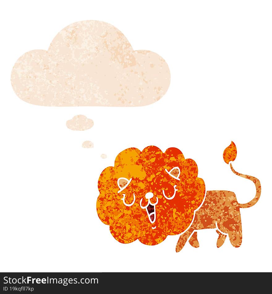 cute cartoon lion and thought bubble in retro textured style