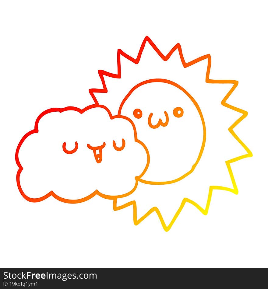 Warm Gradient Line Drawing Cartoon Sun And Cloud