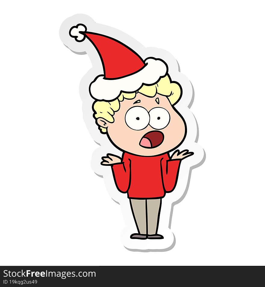 sticker cartoon of a man gasping in surprise wearing santa hat