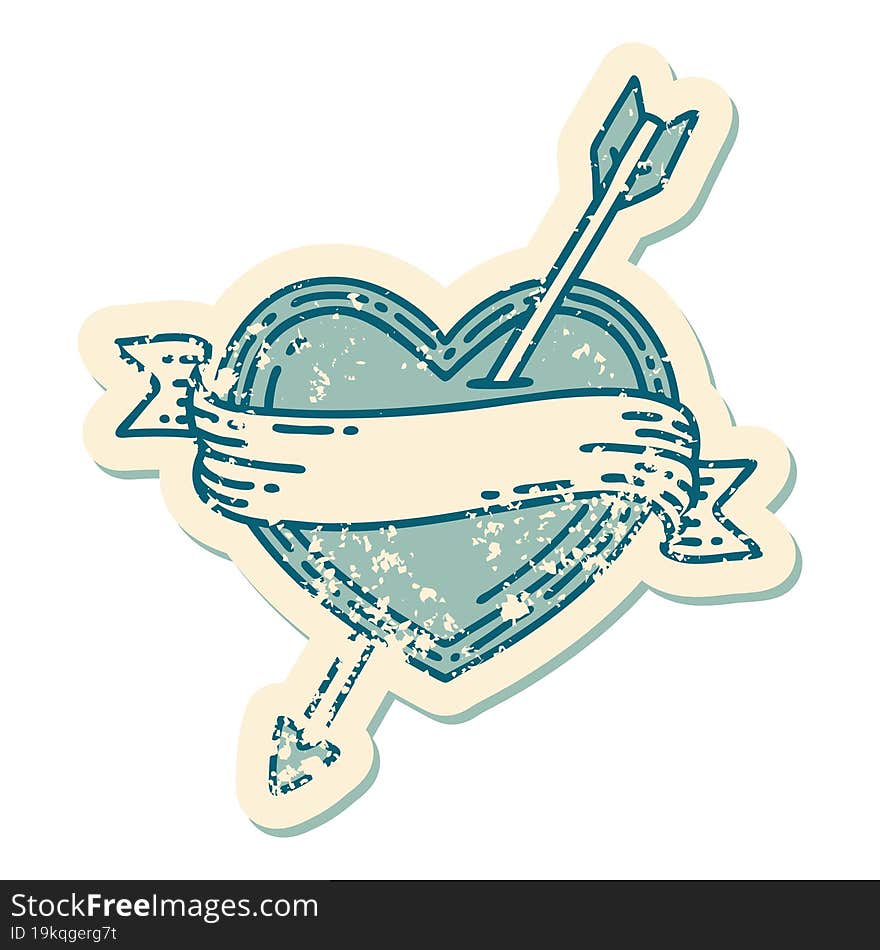 distressed sticker tattoo style icon of an arrow heart and banner