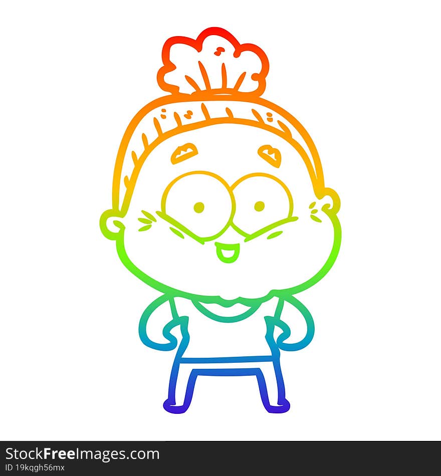 rainbow gradient line drawing of a cartoon happy old woman