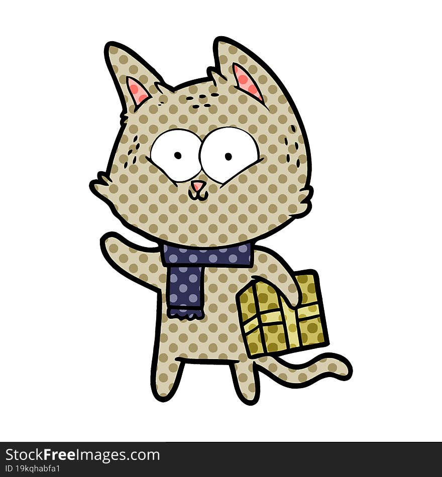 cartoon cat holding christmas present. cartoon cat holding christmas present