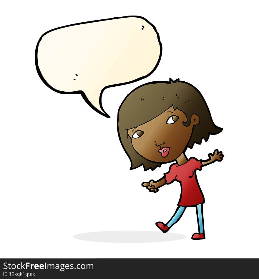 Cartoon Happy Girl Gesturing To Follow With Speech Bubble